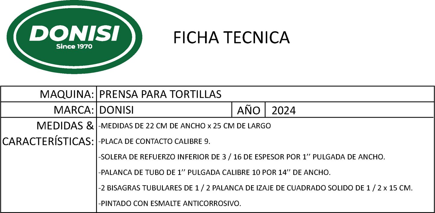Prensa para Tortillas DONISI 2024