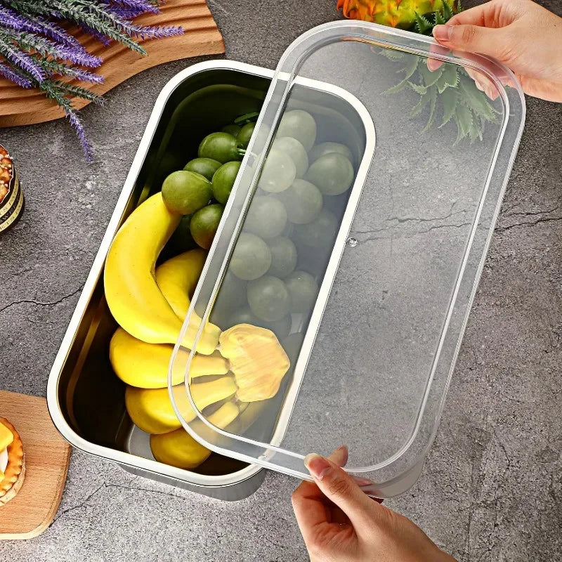 Stainless Steel Food Storage Container Rectangle Dish with Cover Noodles Fruit Tray Lunch Box Thick Refrigerator Organizer Plate