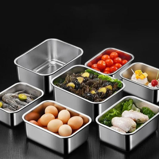Stainless Steel Food Storage Container Rectangle Dish with Cover Noodles Fruit Tray Lunch Box Thick Refrigerator Organizer Plate