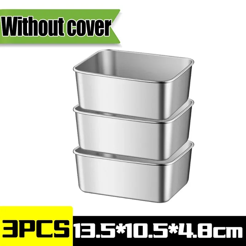Stainless Steel Food Storage Container Rectangle Dish with Cover Noodles Fruit Tray Lunch Box Thick Refrigerator Organizer Plate