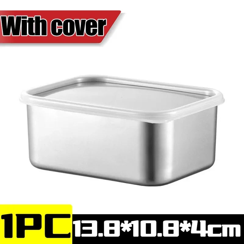 Stainless Steel Food Storage Container Rectangle Dish with Cover Noodles Fruit Tray Lunch Box Thick Refrigerator Organizer Plate
