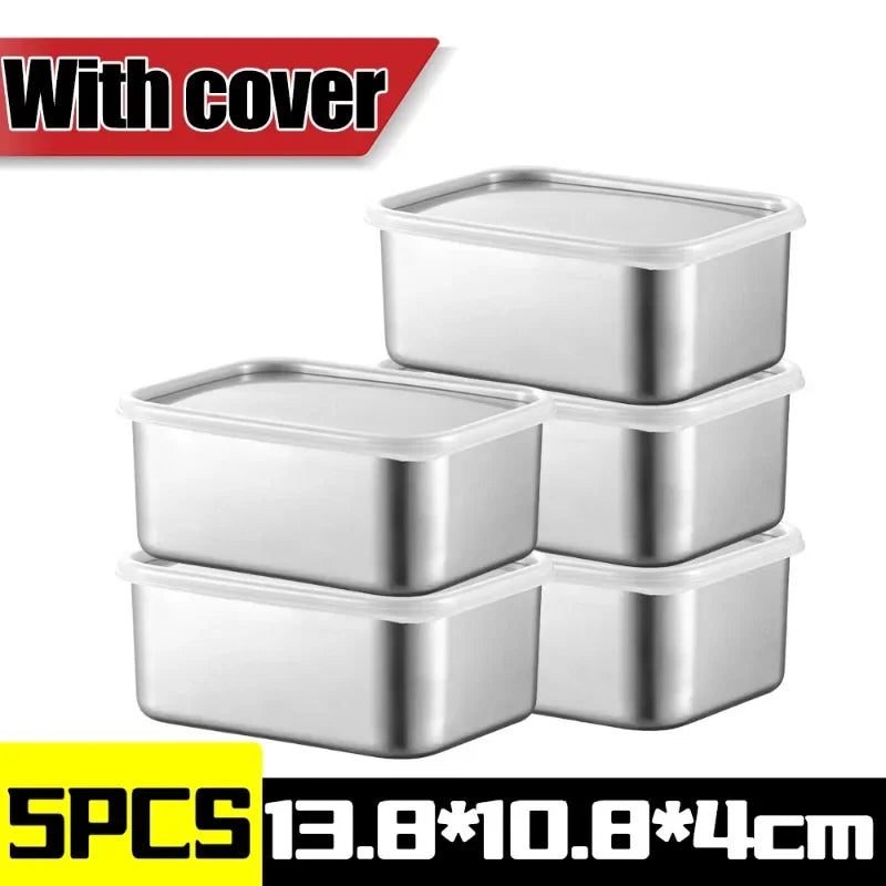 Stainless Steel Food Storage Container Rectangle Dish with Cover Noodles Fruit Tray Lunch Box Thick Refrigerator Organizer Plate