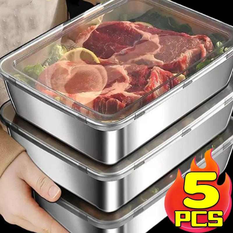Stainless Steel Food Storage Container Rectangle Dish with Cover Noodles Fruit Tray Lunch Box Thick Refrigerator Organizer Plate
