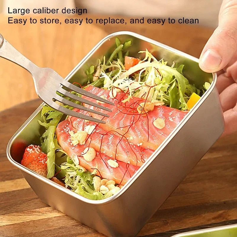 Stainless Steel Food Storage Container Rectangle Dish with Cover Noodles Fruit Tray Lunch Box Thick Refrigerator Organizer Plate