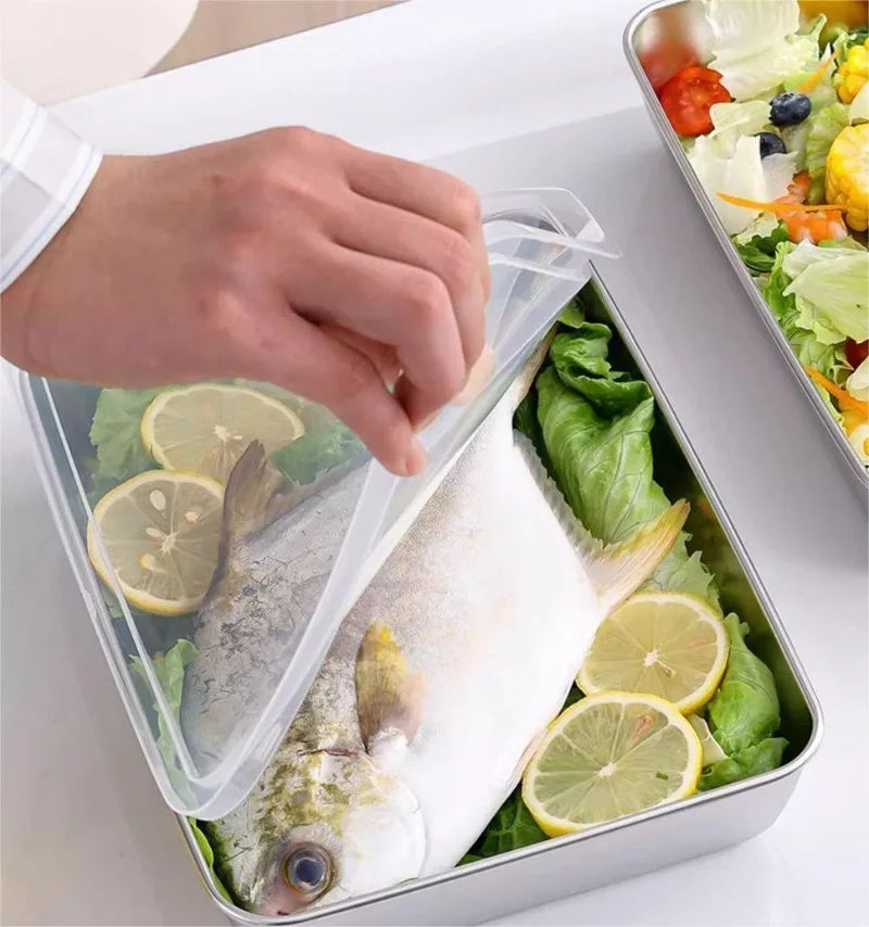 Stainless Steel Crisper Fresh-keep Food Container Rectangle Picnic Bento Tray Refrigerator Freezer Storage Box Restaurant Plate