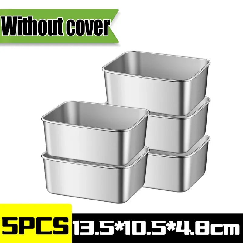 Stainless Steel Food Storage Container Rectangle Dish with Cover Noodles Fruit Tray Lunch Box Thick Refrigerator Organizer Plate